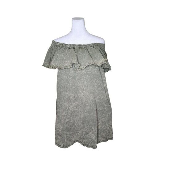Umgee Off Shoulder Ruffle Denim Mini Dress Womens M Khaki Green - Picture 2 of 8